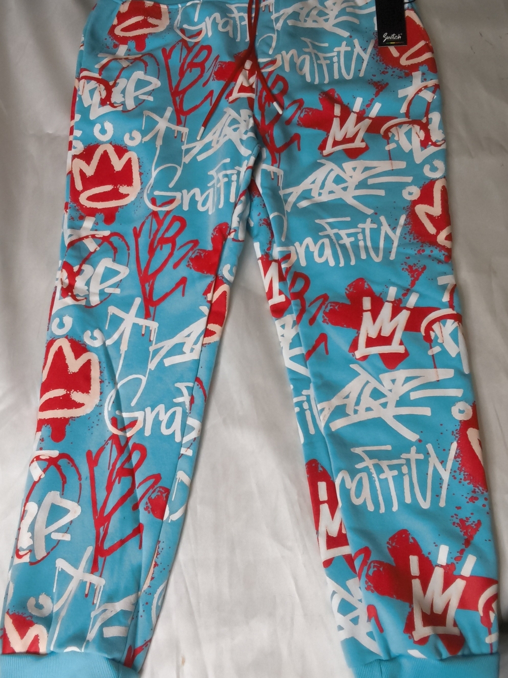 Kids Blue Graffiti Print Jogger Pants - Red & White Accent